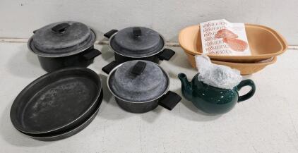 (3) Vintage Miracle Maid Sauce Pots W/ Baking Pans (1) Vintage Green Teapot (1) Romertopf Clay Baker