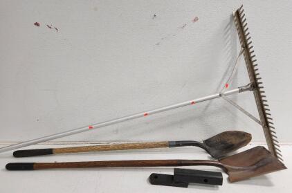 (1) Heavy Duty Landscape Rake (1) Trailer Hitch Mount (2) Shovels