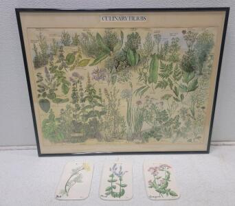 (1) Framed "Culinary Herbs" Poster 3) Mill Brook Kiln Vermont Pottery Handmade Wall Plates by Catherine Belivedu, 7.6"