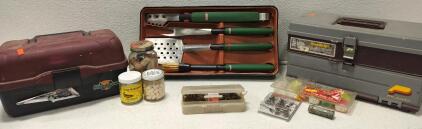 Coleman Grill Tools, tackle boxes and bait