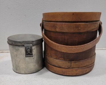 (1) Vintage Antique Wood Sugar Bucket 11.5&rdquo; Tall (1) Vintage Silver Pantry Tin "Kreamer" Embossed In Bottom