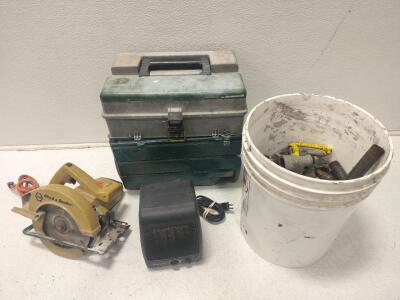 Black & Decker circular saw, bucket plumbing fittings and pipes, Full Tackle box