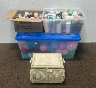 (2) Boxes of thread, (1) Box of Yarn, (1) Sewing box