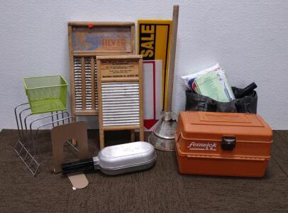 (1) Vintage Guardian Service Ware Double-Sided Fish/Omelet Fry Flip Pan Skillet, (1) (Orange) Fenwick 3.5 Tackle Box, (2) Vintage Washboards, & More
