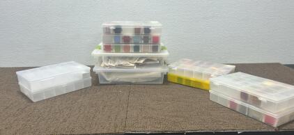 (7) Boxes of thread, (2) thread boxes, (1) Box of fabric, and (1) Box of buttons.
