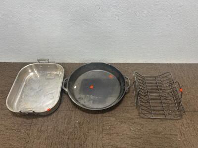 (1) 17&rdquo;x 16&rdquo; Cast iron pan (1) baking roasting dish and more