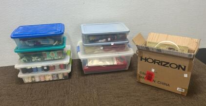 (2) Boxes of thread, (1) Box of fabric, Vintage scissors,multi purpose wrench, thread, and more. (1) Box of fabric and a Lo Ran Folding stand, and more