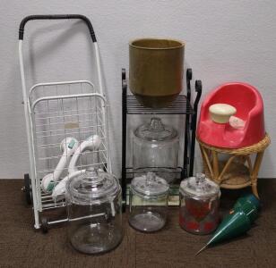 (1) Vintage Twix Glass Cookie Bars Jar, (2) Larger Cookie Jars, (1) Oxygen Carrier Cart, & More