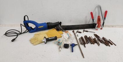(1) Project Pro Repricating Saw (1) Double Lever Hand Corker (1) 23in Test Ball Plug And Assorted Tools