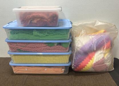 (5) Boxes of crocheted blankets, (1) Bag with 3 crocheted blankets.