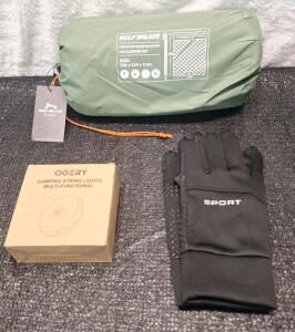 (1) Wolf Walker HUA Sleeping Mat, (1) Ogery 30-Foot Camping String Light & (1) Pair Of Men's Neoprene Gloves W/ Silicone Grip, L