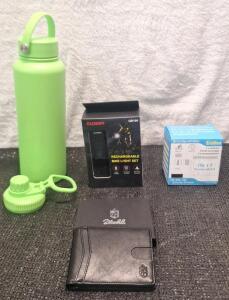 (1) Oldber Rechargeable Bicycle Light Set, (1) 11-Piece CO2 Tire Inflator Kit, (1) 40-Oz Stainless Steel Insulated Mug & (1) Men's Wallet