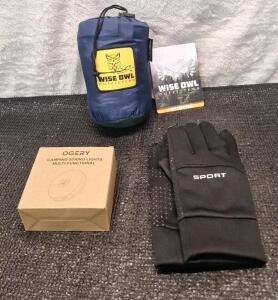 (1) Wise Owl Outfitters Hammock, (1) Ogery 30-Foot Camping String Light & (1) Pair Of Men's Neoprene Gloves W/ Silicone Grip, L
