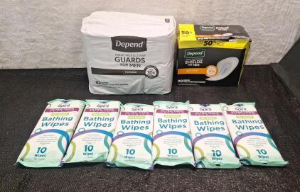 (1) 52-Count Pack Of Depend Guards For Men, (1) 90-Count Pack Of Depend Shields For Men & (6) 10-Count Packs Of Spirit Bathing Wipes