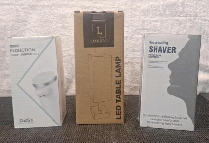 (1) Cordless Soap Dispenser, (1) Cordless LED Table Lamp & (1) Cordless Reciprocating Three Blade Shaver