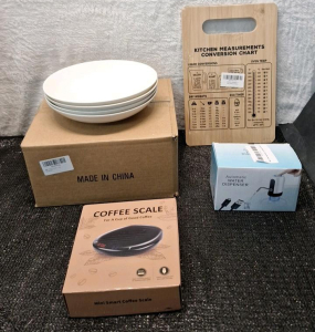 (1) 4-Piece Ceramic Bowl Set, White, (1) Small Bamboo Cutting Board, (1) Mini Smart Coffee Scale & (1) Cordless Water Dispenser