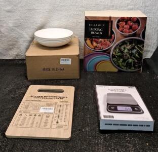 (1) 4-Piece Ceramic Bowl Set, White, (1) Small Bamboo Cutting Board, (1) Digital Kitchen Scale & (1) 4-Piece Metal Mixing Bowl Set