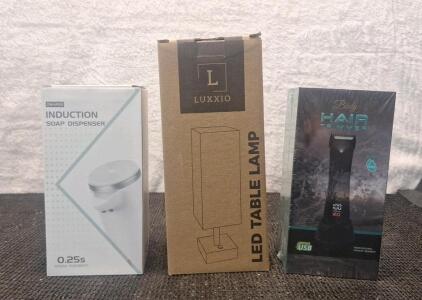 (1) Cordless Soap Dispenser (1) Cordless LED Table Lamp & (1) Cordless Body Hair Trimmer