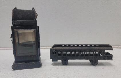 (1) Antique Candle Railroad Style Lantern (1) Antique Cast Iron Toy Train Car