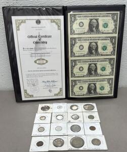 Genuine Bankers Vault Portfolio with Uncut $1 Sheet, 16 World Coins, COA