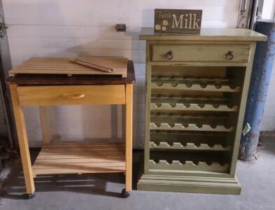 (1) 29"x 14&frac12;"x 44&frac12;" (Green) Wooden Wine Rack & (1) 29&frac12;"x 21"x 34&frac12;" Rolling Countertop w/ 1-Drawer