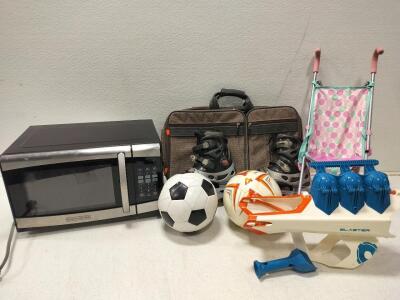 California Advanced Sports (CAS) in-line skates, artic force blaster, soccer balls, doll stroller, Samsonite bag