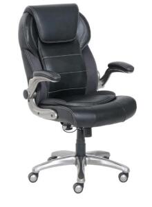(1) Amazon Basics Ergonomic High-Back Bonded Leather Office Chair W/ Flip-Up Arms & Lumbar Support, Black