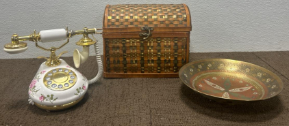 (1) Corded Landline Telephone (1) Vintage Enameled Brass Bowl (1) Basket