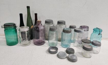 Assorted Vintage Mason Jars and Glasses