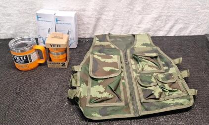 (1) YETI 10-OZ Rambler Mug, (1) YETI 2-Pack Of 4-OZ Rambler Ceramic Lined Cups & (2) Smart Future Cordless Water Flossers & (1) Cammo Utility Vest