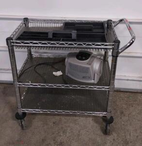 A Rolling 3-Teir Metal Rack Cart w/(2) Assorted Sized Tool Trays & (1) Lasko Heater