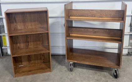 (1) Wooden 3 Tier Cabinet & (1) Rolling BookShelf