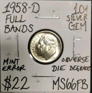 1958-D MS66FB Full Bands Mint Error Silver Dime