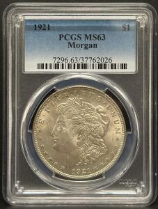 1921 Morgan Silver Dollar, PCGS MS63, Serial 7296.63/37762026