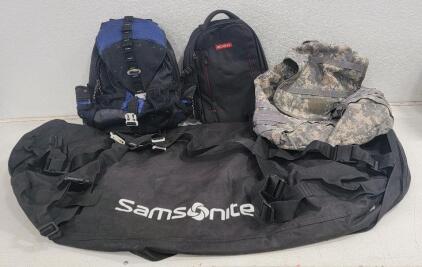 (1) Samsonite Rooftop Cargo Bag (1) Targus Backpack (1) Beschoi Camera Backpack (1) Lg.Military Rucksack