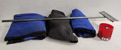 (3) Moving Blankets (1) Metal Floor Scraper (1) Container of Bicycle Clay Poker Chips