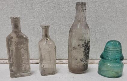 (3) Antique Glass Bottles and (1)Glass Insulator