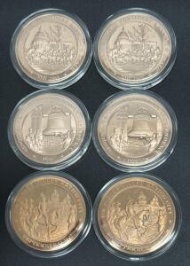 (6) Copper Commemorative Coins: JFK, Independence 1926, Mexico City 1847