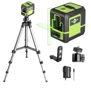 (1) WEIOOW - Laser Level Instrument - Green Cross Line, 1200 mAh Lithium Battery, 10-Hour Standby Time, W Tripod, Charger & Case