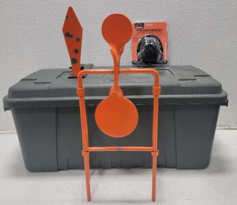 (1)High Caliber Spinner Shooting Target, (1) Walker Pro Low Profile Passive Folding Muff 22dB NRR New Lightweight Protection, (1) Champion .22 Diamond Pop-Up Target, (1) Plano 30" x 15" Storage Box w/Latching Lid