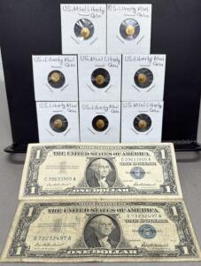(2) 1957 Silver Certificate Dollar Bills, Serial Numbers C39633905A and S73232497A And (8) U.S. Liberty Mini Coins (Unverified)