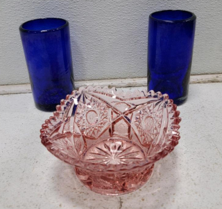 (1) Pink Pressed Glass Sawtooth Rim Candy Dish (2) Hand Blown Cobalt Blue Drinking Glasses