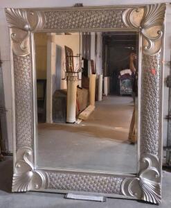 Ornate Wall Mirror w/ a Baroque or Rococo-Inspired Frame, possibly in a Silver or Champagne Finish