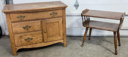 (1) Wooden 3 Drawer & Cabinet Table 35&rdquo;Wx28&rdquo;Tx18&rdquo;D & (1) Wooden Side Table 23&rdquo;Wx22&rdquo;Tx14&rdquo;D