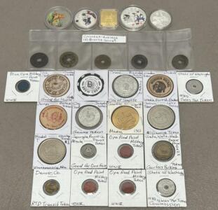 Diverse Coin and Token Collection, Includes WWII, 1930s, Chinese Coins, World's Fair Medal
