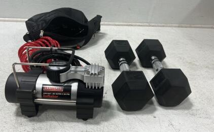 Craftsman Inflator, Pair Of 15ea. Hexagonal Dumbbells, & Metal Rail Road Anvil