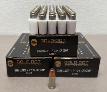 (150) Rounds Gold Dot Duty Ammunition 9mm Luger +P, 124 GR GDHP, 3 Boxes, Lot 53827