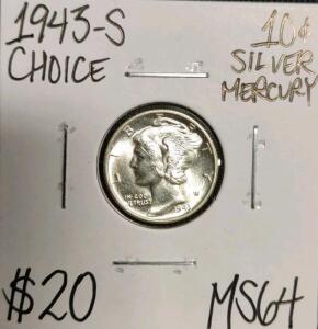 1943-S MS64 Choice Silver Mercury Dime