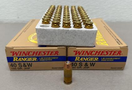 (100) Rounds Winchester Ranger Ammunition 40 S&W, 155 gr JHP