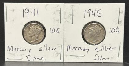1941 and 1945 US Mercury Dimes, 90% Silver, Adolph A. Weinman Design